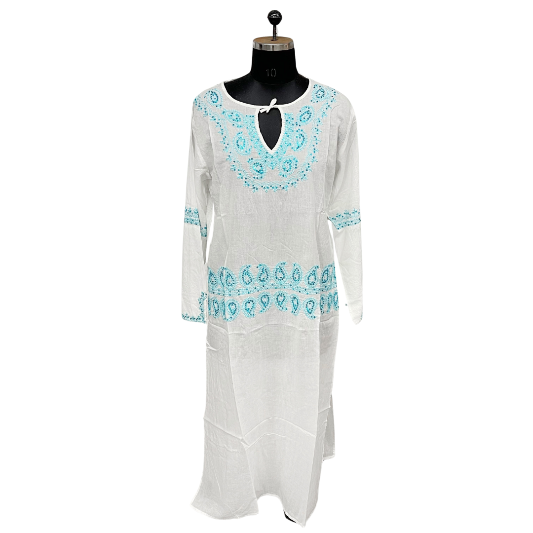 White Aqua Paisley Kaftan 100% Cotton