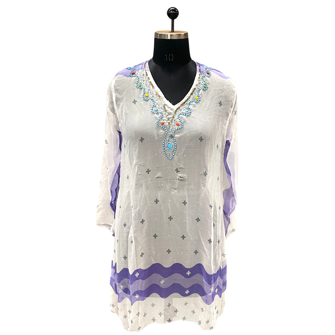 White Purple Scalloped Crystal Border Tunic