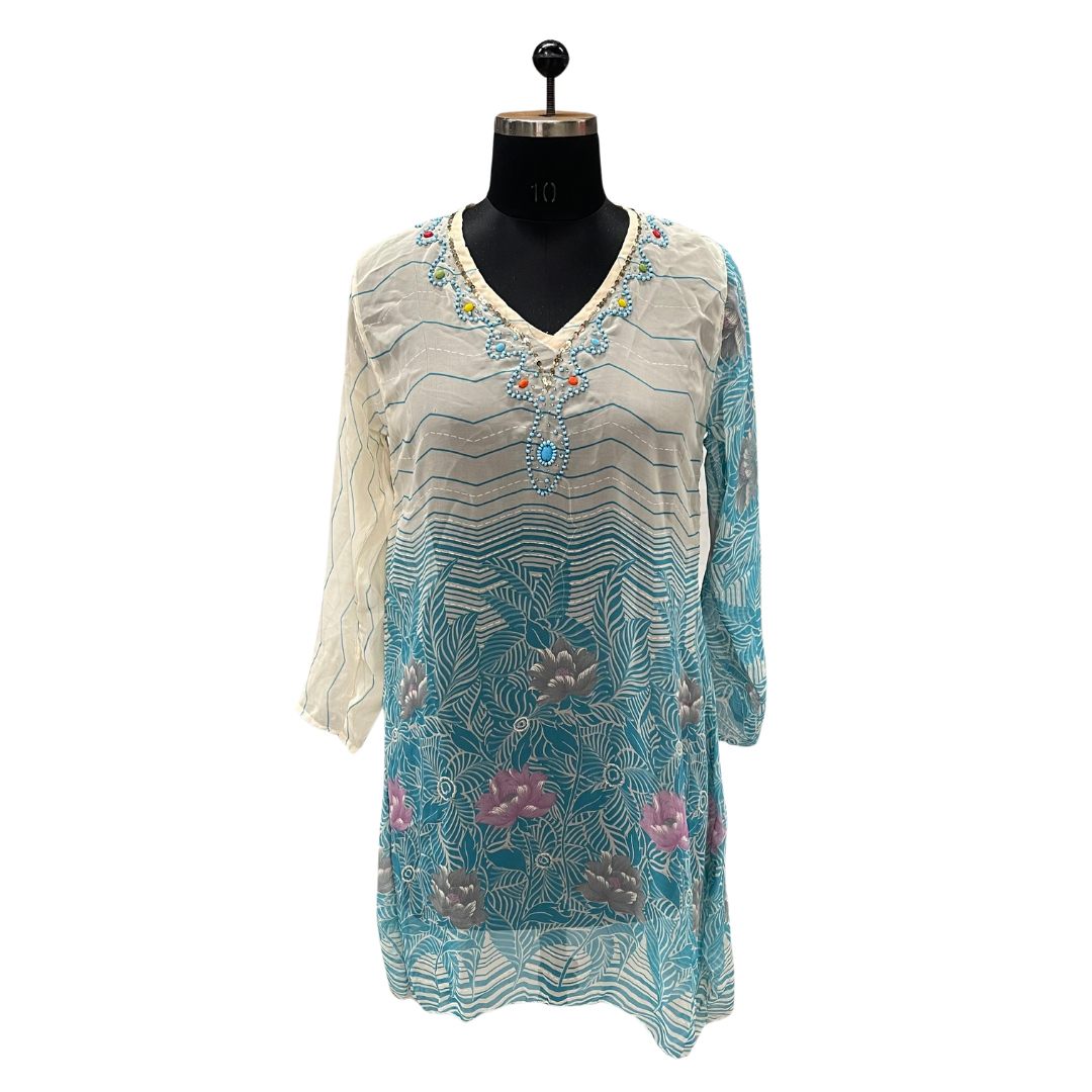 White Teal Ombré Lotus Crystal Kaftan