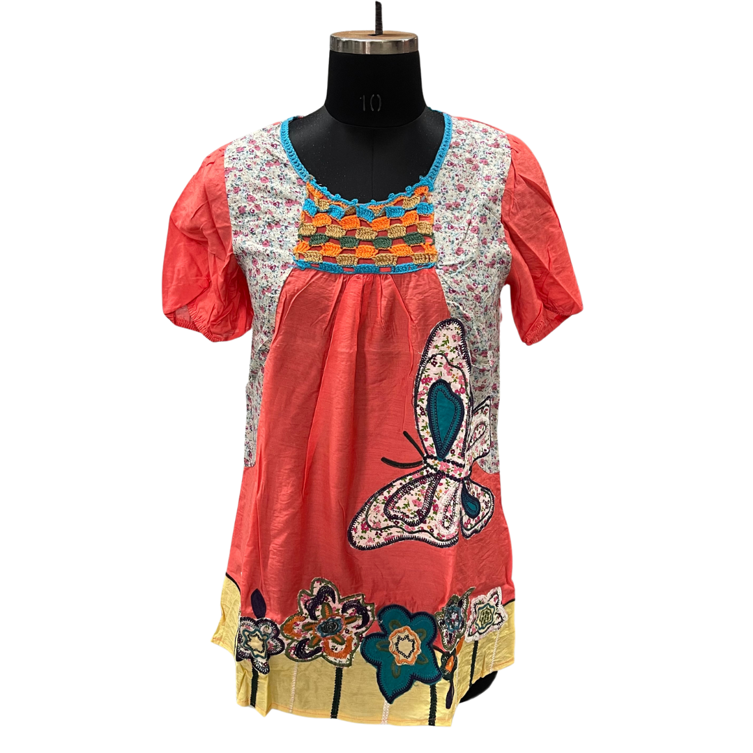Coral Butterfly Garden Crochet Tunic 100% Cotton