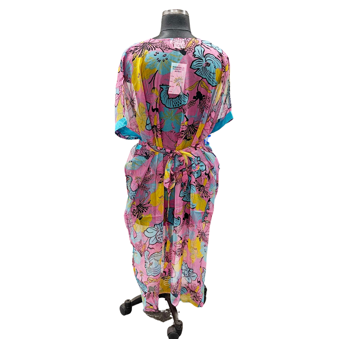 Vibrant Pink and Blue Floral Kaftan Dress