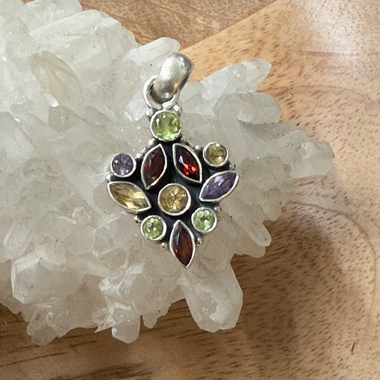 STERLING SILVER MULTI STONE PENDANT -GARNET, PERIDOT, AMETHYST, CITRINE
