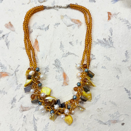 3 STRANDS PEARL SHELL AND TIGERS EYE Necklace