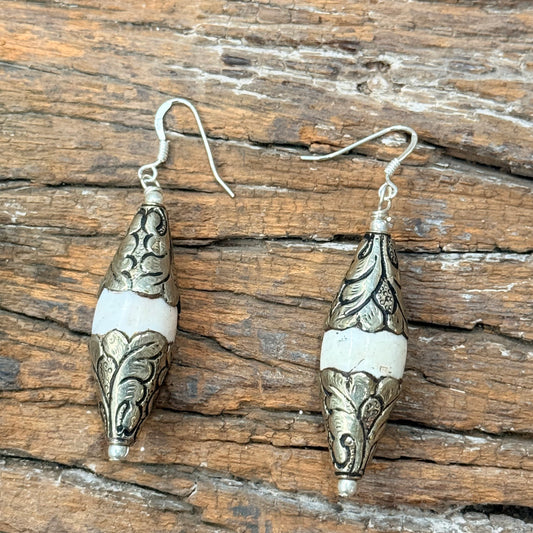 NATURAL SHELL 925 SILVER HOOK TIBETAN EARRING