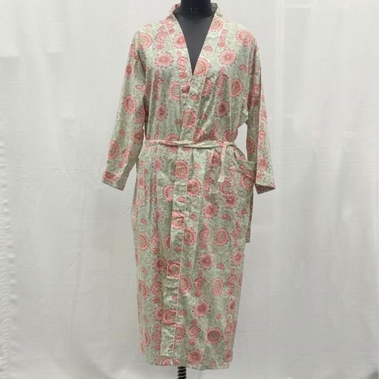100% Cotton Robe 'Mint Pink Daisy Robe' with pockets