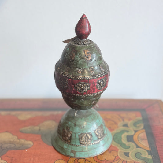 TIBETAN COPPER TORQUOISE INLAY VINTAGE PRELOVED PRAYER BOX 21CM