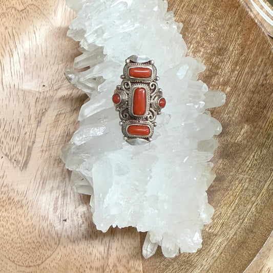 STERLING SILVER TIBETAN CORAL RING