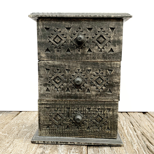 ORNATE WOODEN 3- DRAWER BOX 20x27x13CM