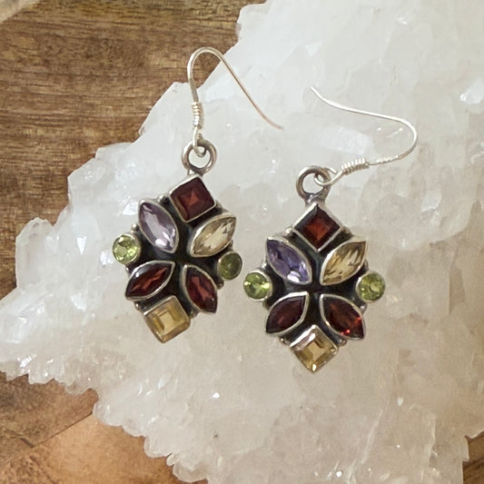 STERLING SILVER MULTI STONE EARRING -GARNET, PERIDOT, AMETHYST, CITRINE