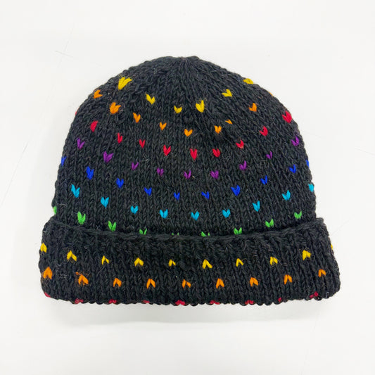 100% WOOL HAND KNITTED FLEECE LINED BEANY MINI HEARTS BLACK