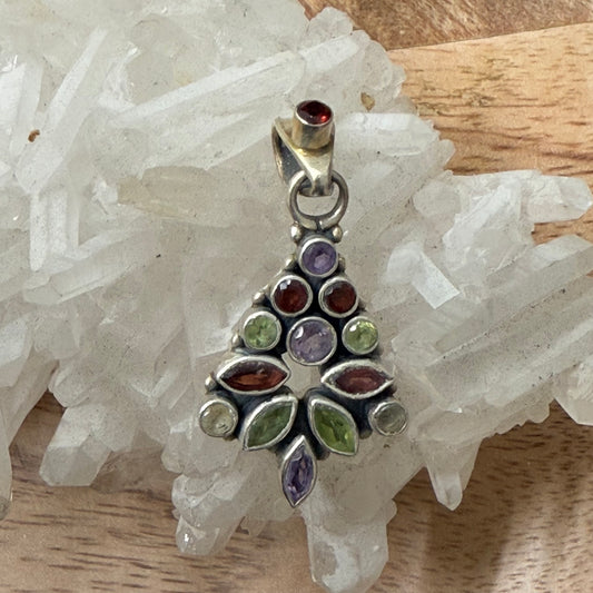 STERLING SILVER MULTI STONE PENDANT -GARNET, PERIDOT, AMETHYST, CITRINE