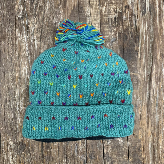 100% WOOL HAND KNITTED BEANY TEAL POMPOM