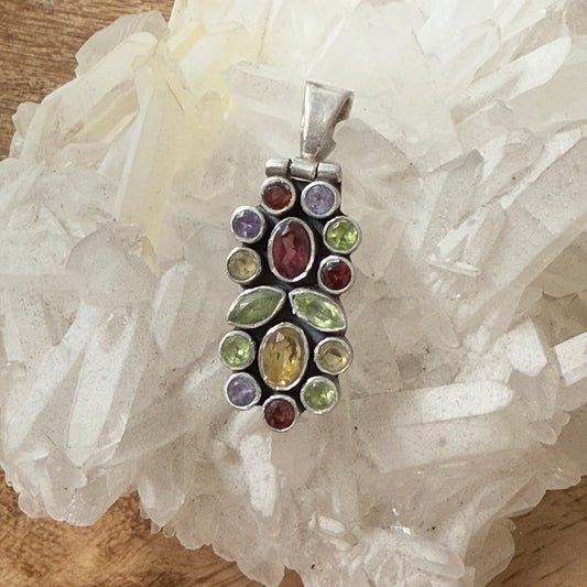 STERLING SILVER MULTI STONE PENDANT -GARNET, PERIDOT, AMETHYST, CITRENE