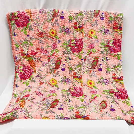 ‘BIRDS IN PARADISE’ REVERSIBLE COTTON HAND STITCHED THROW IN ‘PINK CORAL’ 150x220CM