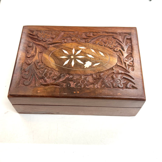 CARVED SHEESHAM WOODEN BOX 18x13x5.5cm