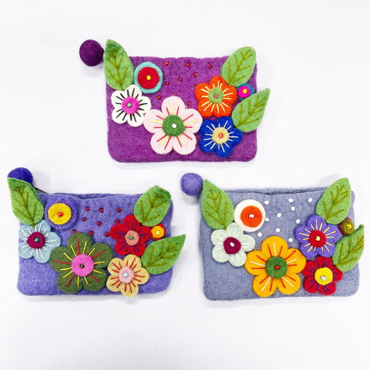 HANDMADE FELT FLORAL PURSE (LAVENDAR) 15X11CM
