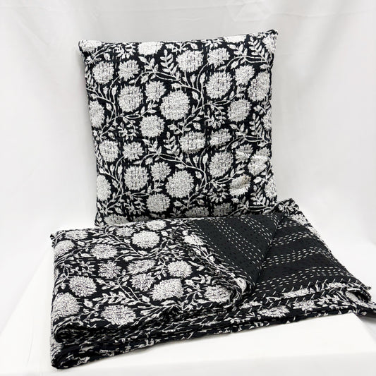 ‘NOIR FLORAL’ KANTHA STITCHED COTTON THROW & CUSHION