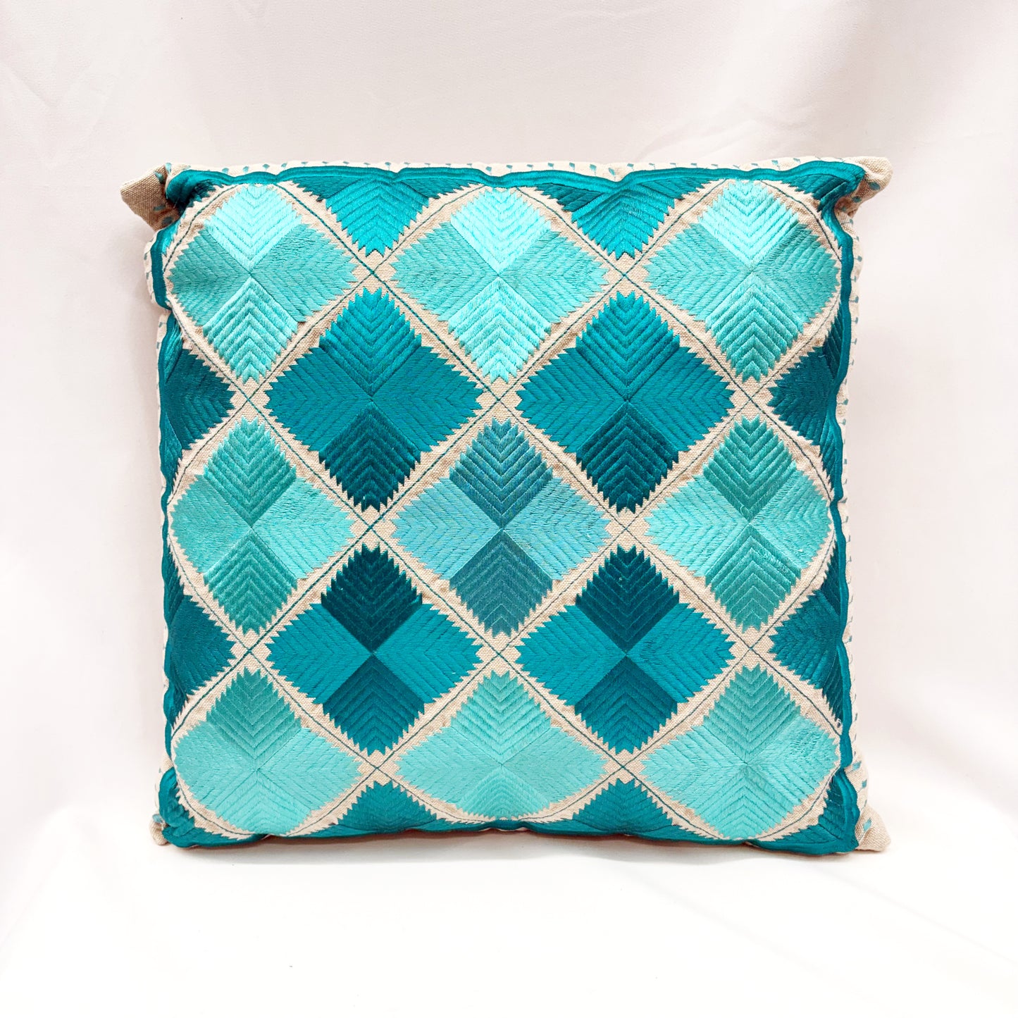 ‘AQUA & TEAL’ EMBROIDERED COTTON CUSHION 45CM