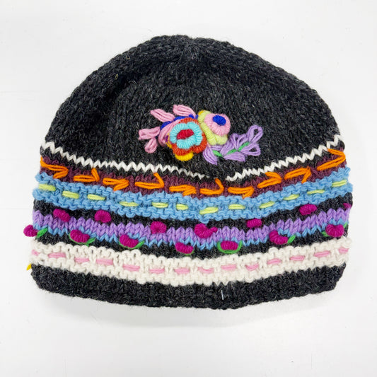 100% WOOL HAND KNITTED EMB.BEANY FLEECE LINED