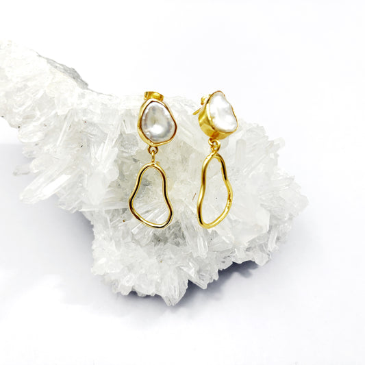 14K Gold plated Brass Freshwater Pearl Dangle Stud Earrings 4.5x1.5CM