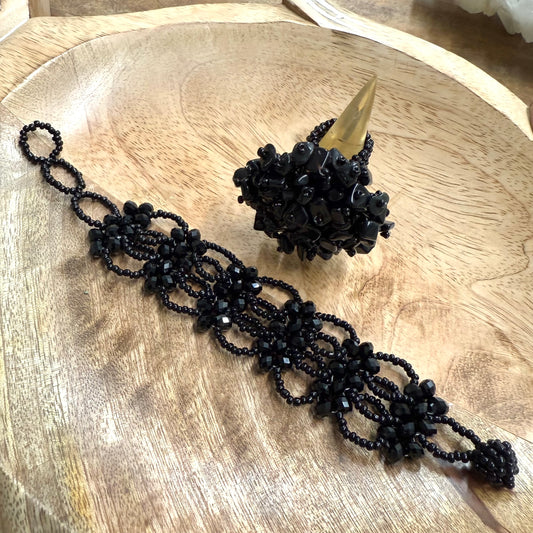 BLACK ONYX N GLASS BEAD BRACELET N RING SET