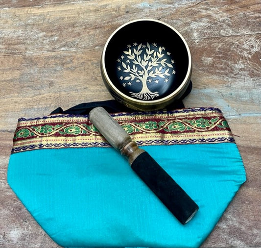 TREE OF LIFE BRASS SINGING BOWL 14x7.5CM W/STICK