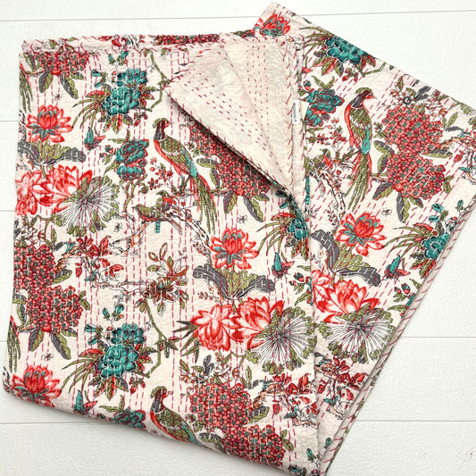 100% COTTON HAND STITCHED FLORAL THROW 150x220CM