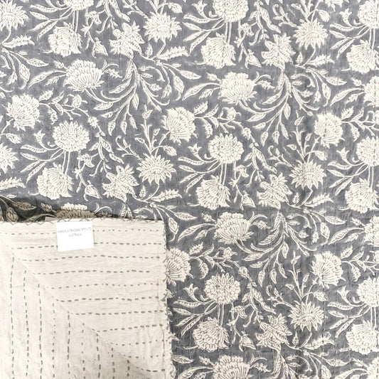 100% COTTON HAND STITCHED FLORAL SLATE GRAY THROW 150x220CM