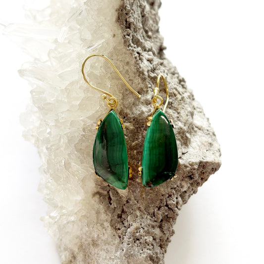 14K  Gold plated Brass Genuine MALACHITE Earrings 5x1.3CM
