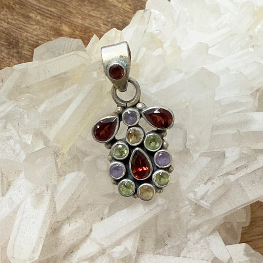 STERLING SILVER MULTI STONE PENDANT -GARNET, PERIDOT, AMETHYST, CITRENE