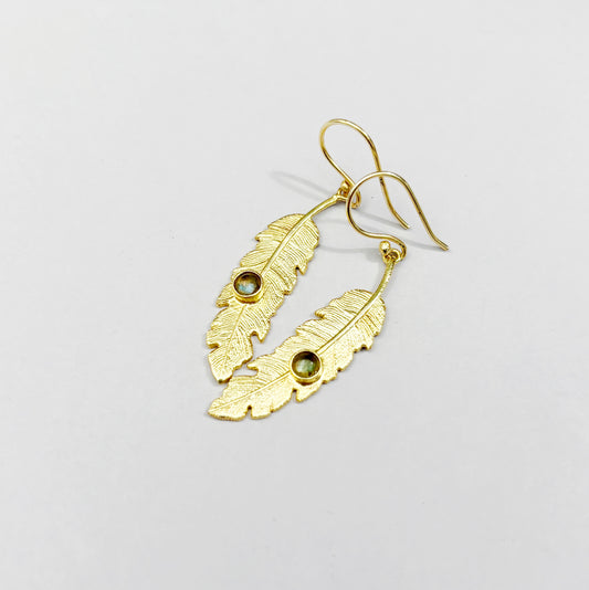 14K Gold plated Brass Labradorite Feather Earrings 4.5x1CM