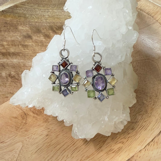 STERLING SILVER MULTI STONE EARRING -GARNET, PERIDOT, AMETHYST, CITRINE