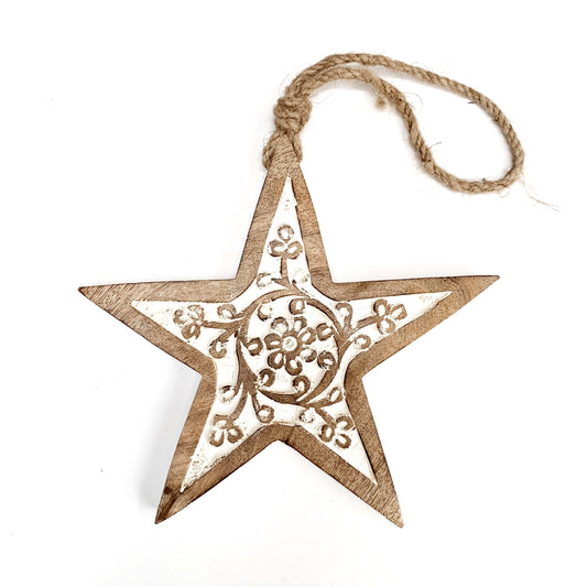 WOODEN STAR HANGING 19x17cm (FROM STRING)