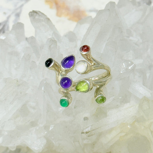 STERLING SILVER RING Amethyst, peridot, garnet,