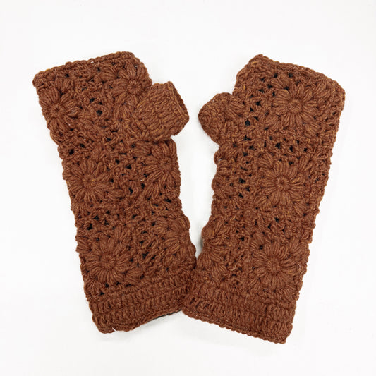 CHESTNUT “FLOWER” WOOL HAND KNITTED GLOVES