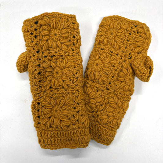 MUSTARD 100% WOOL FLORAL KNITTED GLOVES