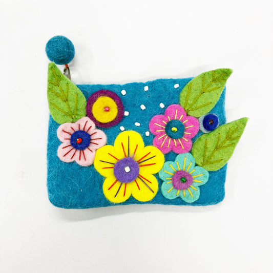 HANDMADE FELT FLORAL PURSE (BRIGHT SKY) 15X11CM