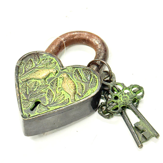 BRASS GREEN LOVEBIRDS HEART LOCK 7.5 X 12CM
