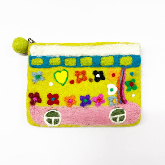 HANDMADE FELT 'BOHO BUS' PURSE (LIME) 18X14CM