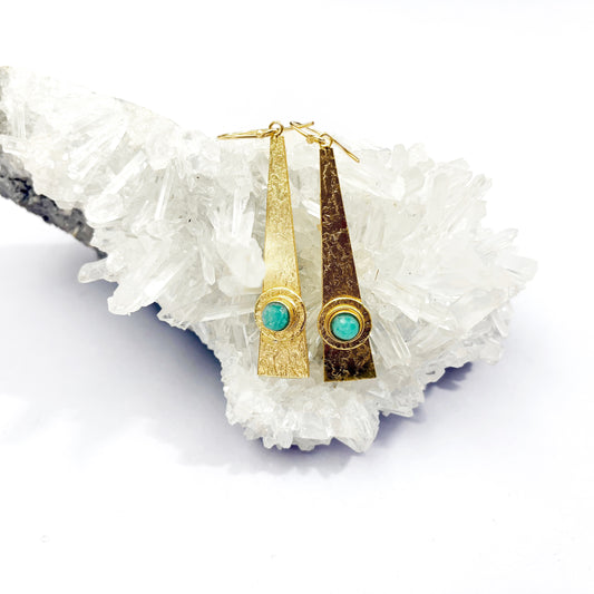 14K Gold plated Brass Textured Dangle Amazonite Brass Earring 6.5x1CM