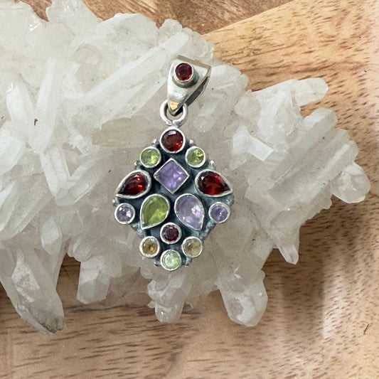 STERLING SILVER MULTI STONE PENDANT -GARNET, PERIDOT, AMETHYST, CITRINE