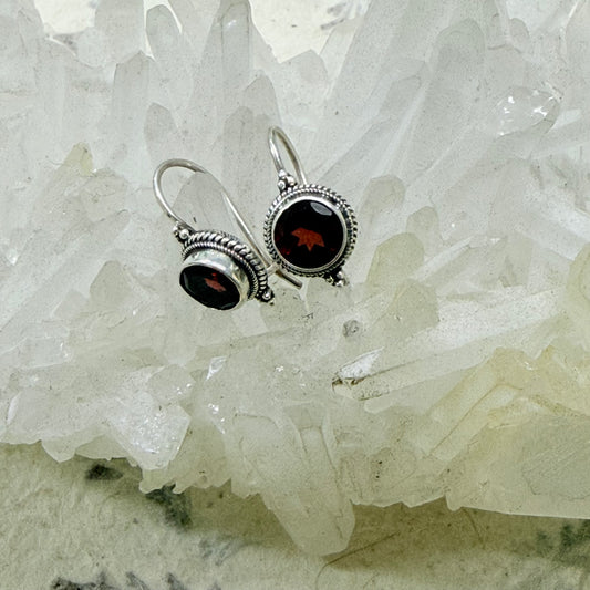 FACETED Garnet 925 Sterling Silver Earring (Kidney Hook)