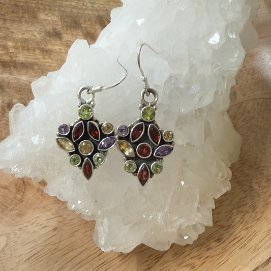 STERLING SILVER MULTI STONE EARRING -GARNET, PERIDOT, AMETHYST, CITRINE