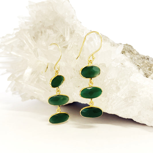 14K Gold plated Brass Green Jade Earrings 4.5x1CM