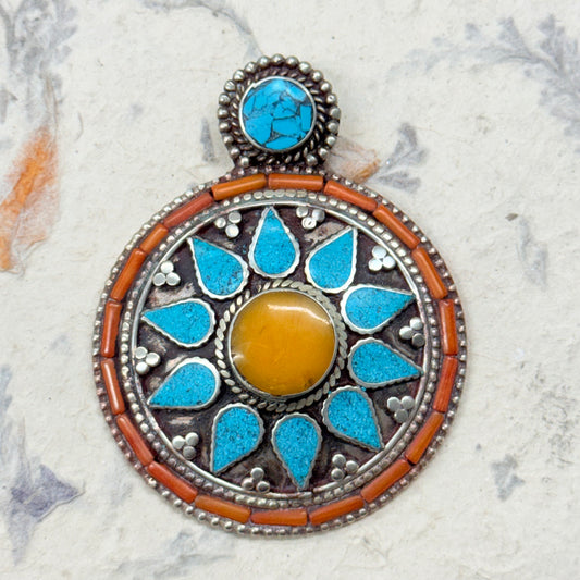 Torquoise n Coral inlay Tibetan pendant with rubber chain