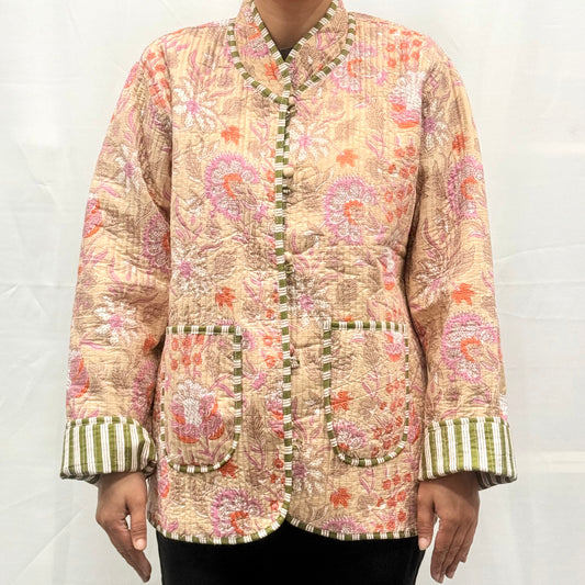 Reversible 100% Cotton Block Printed Jacket with Pocket Beige