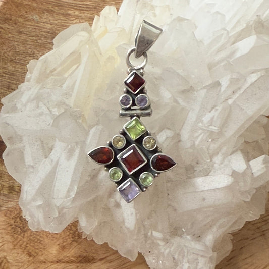 STERLING SILVER MULTI STONE PENDANT -GARNET, PERIDOT, AMETHYST, CITRINE
