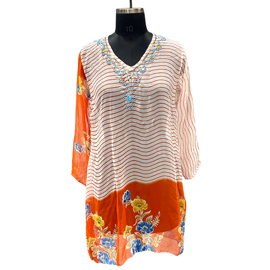 Orange Floral Border Crystal Kaftan