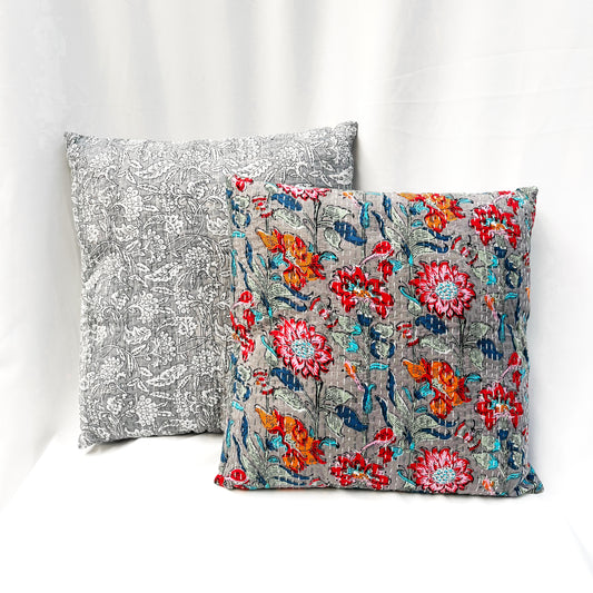 “Blooming Vine” & “Wildflower” PRINT IN “Slate” - KANTHA-HAND STICHED CUSHIONS W/INSERT 45CM