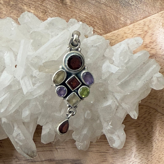 STERLING SILVER MULTI STONE PENDANT -GARNET, PERIDOT, AMETHYST, CITRINE